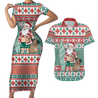 Hawaiian Funny Santa Surf Couples Matching Short Sleeve Bodycon Dress and Hawaiian Shirt Mele Kalikimaka Palaka Quilt Pattern - Polynesian Pride