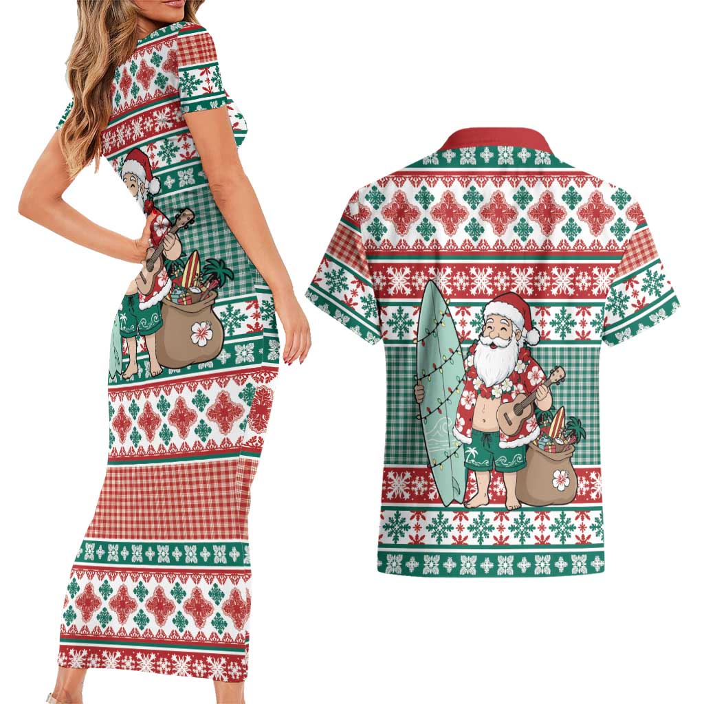 Hawaiian Funny Santa Surf Couples Matching Short Sleeve Bodycon Dress and Hawaiian Shirt Mele Kalikimaka Palaka Quilt Pattern - Polynesian Pride