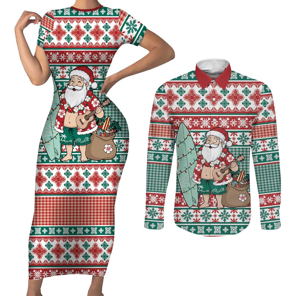 Hawaiian Funny Santa Surf Couples Matching Short Sleeve Bodycon Dress and Long Sleeve Button Shirt Mele Kalikimaka Palaka Quilt Pattern - Polynesian Pride