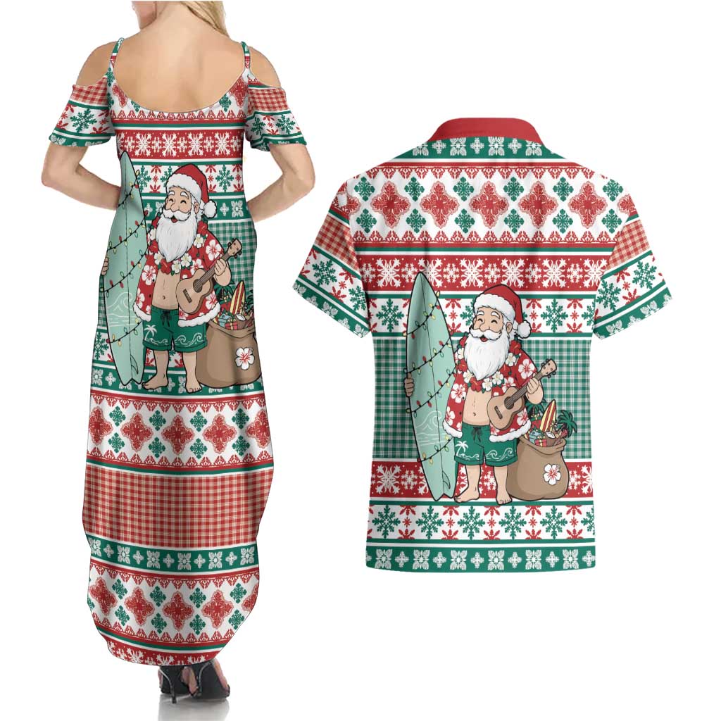 Hawaiian Funny Santa Surf Couples Matching Summer Maxi Dress and Hawaiian Shirt Mele Kalikimaka Palaka Quilt Pattern - Polynesian Pride