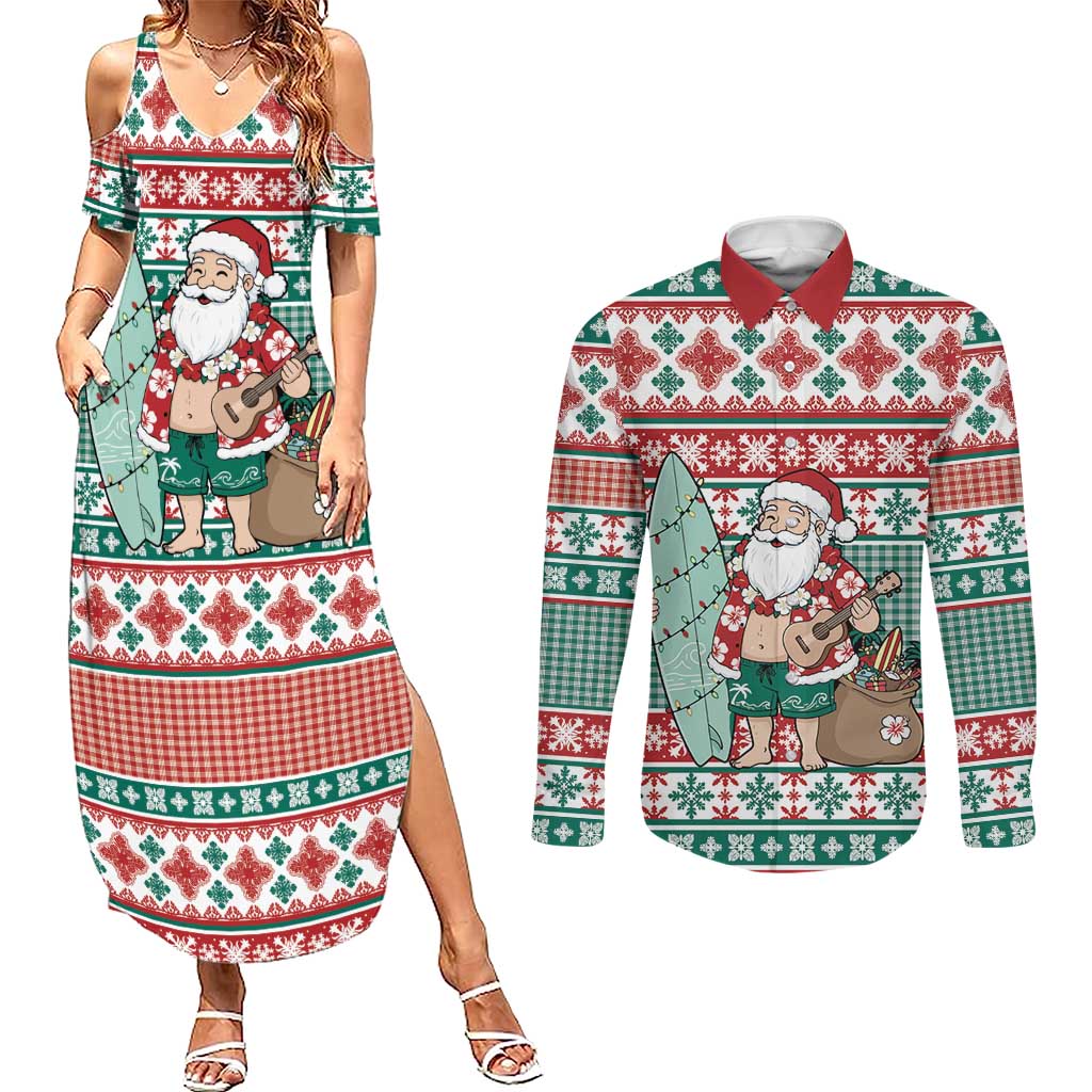 Hawaiian Funny Santa Surf Couples Matching Summer Maxi Dress and Long Sleeve Button Shirt Mele Kalikimaka Palaka Quilt Pattern - Polynesian Pride