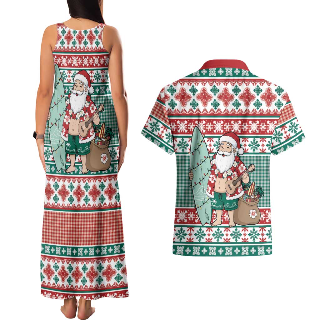 Hawaiian Funny Santa Surf Couples Matching Tank Maxi Dress and Hawaiian Shirt Mele Kalikimaka Palaka Quilt Pattern - Polynesian Pride