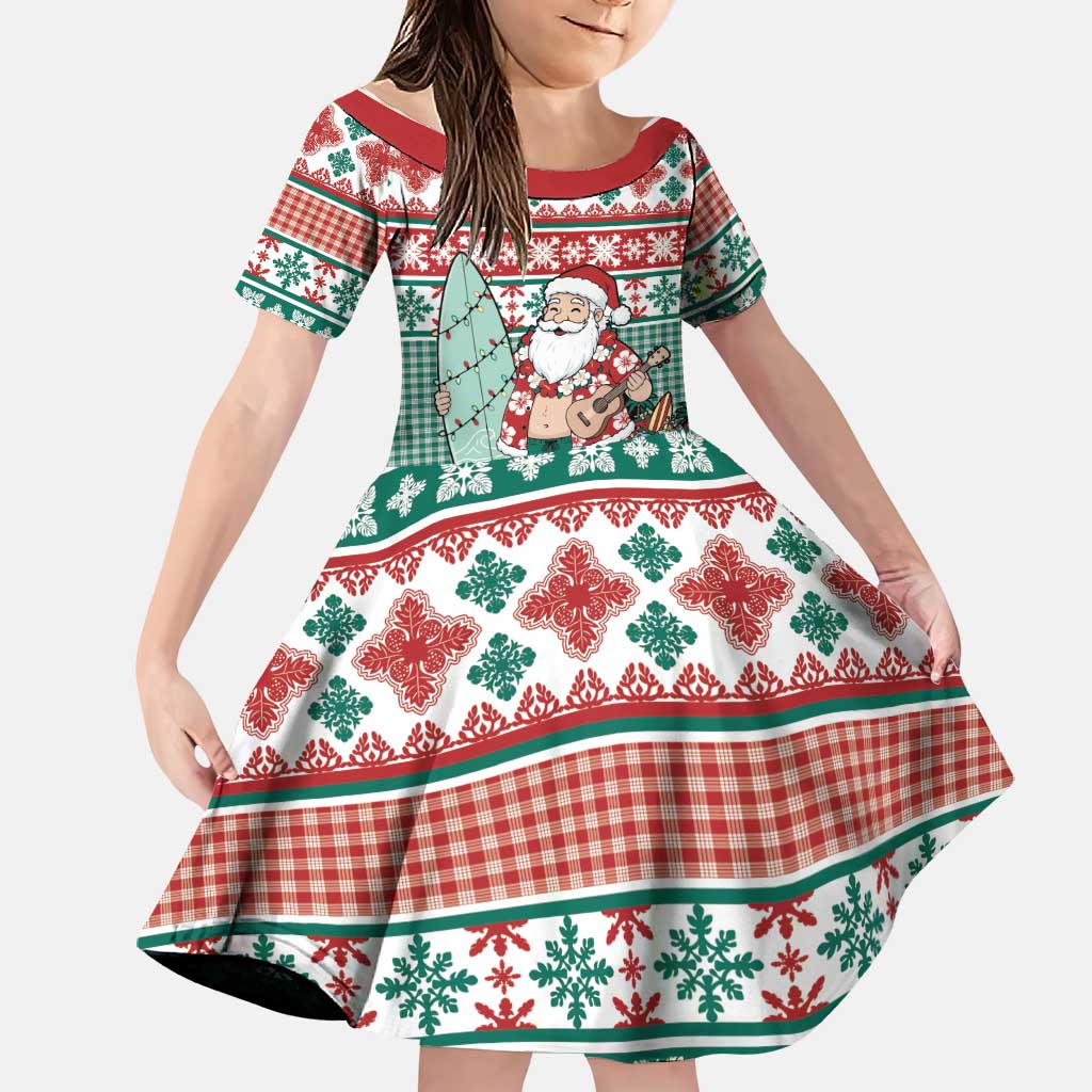 Hawaiian Funny Santa Surf Family Matching Long Sleeve Bodycon Dress and Hawaiian Shirt Mele Kalikimaka Palaka Quilt Pattern LT9 Daughter's Dress Green - Polynesian Pride