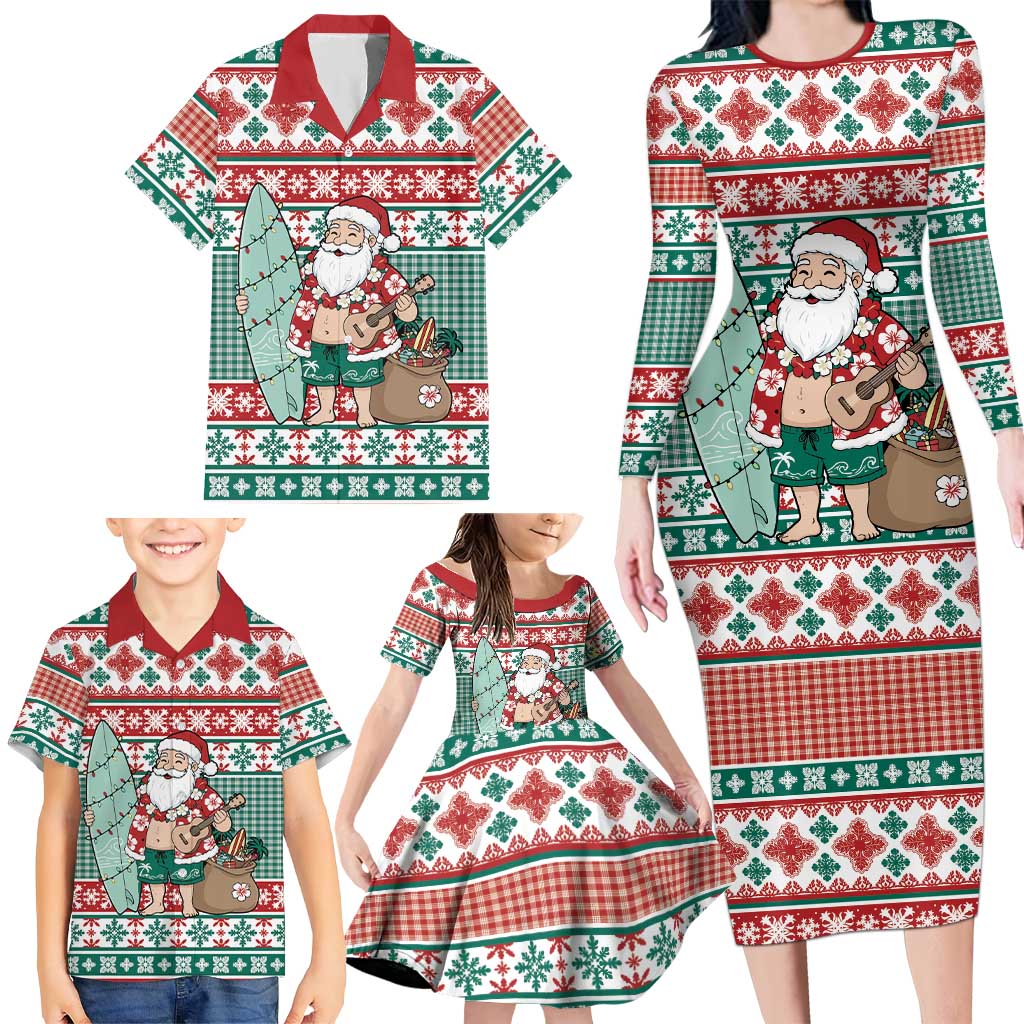 Hawaiian Funny Santa Surf Family Matching Long Sleeve Bodycon Dress and Hawaiian Shirt Mele Kalikimaka Palaka Quilt Pattern - Polynesian Pride