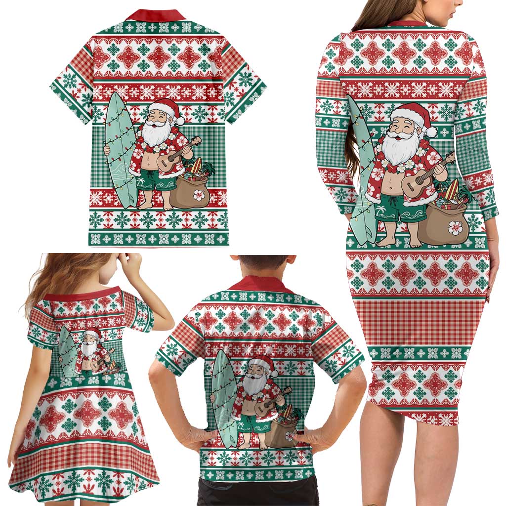 Hawaiian Funny Santa Surf Family Matching Long Sleeve Bodycon Dress and Hawaiian Shirt Mele Kalikimaka Palaka Quilt Pattern LT9 - Polynesian Pride