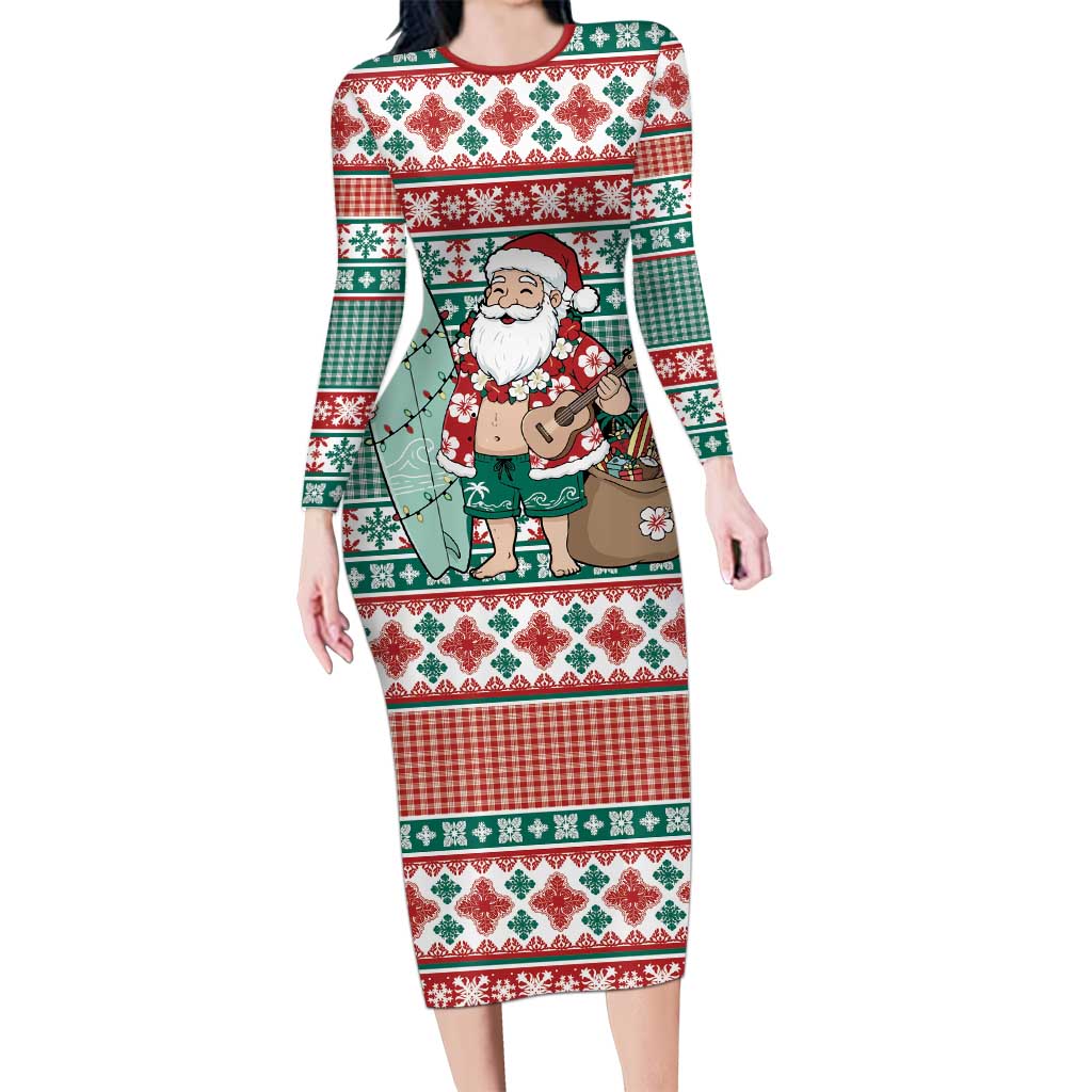 Hawaiian Funny Santa Surf Family Matching Long Sleeve Bodycon Dress and Hawaiian Shirt Mele Kalikimaka Palaka Quilt Pattern LT9 Green - Polynesian Pride