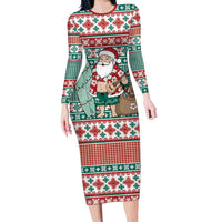 Hawaiian Funny Santa Surf Family Matching Long Sleeve Bodycon Dress and Hawaiian Shirt Mele Kalikimaka Palaka Quilt Pattern LT9 Green - Polynesian Pride