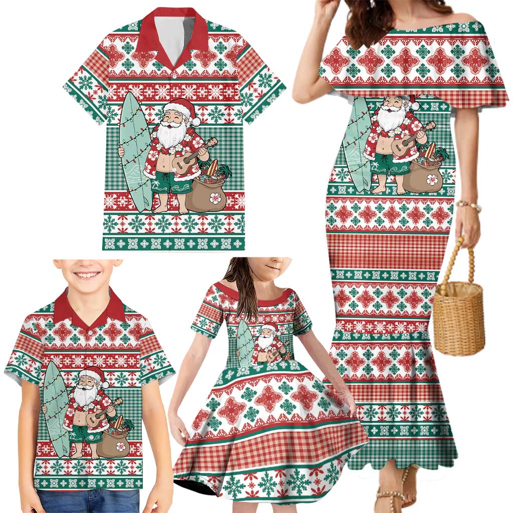 Hawaiian Funny Santa Surf Family Matching Mermaid Dress and Hawaiian Shirt Mele Kalikimaka Palaka Quilt Pattern - Polynesian Pride