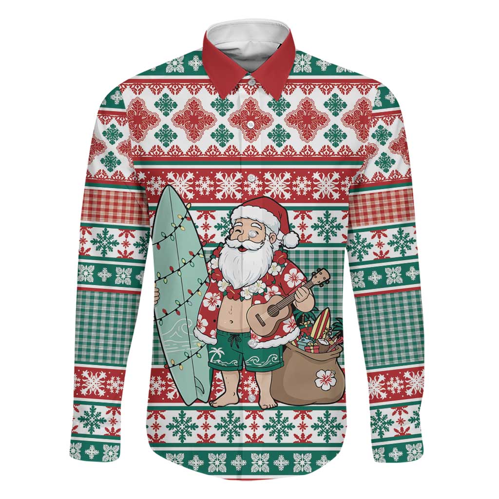 Hawaiian Funny Santa Surf Family Matching Mermaid Dress and Hawaiian Shirt Mele Kalikimaka Palaka Quilt Pattern LT9 Dad's Shirt - Long Sleeve Green - Polynesian Pride