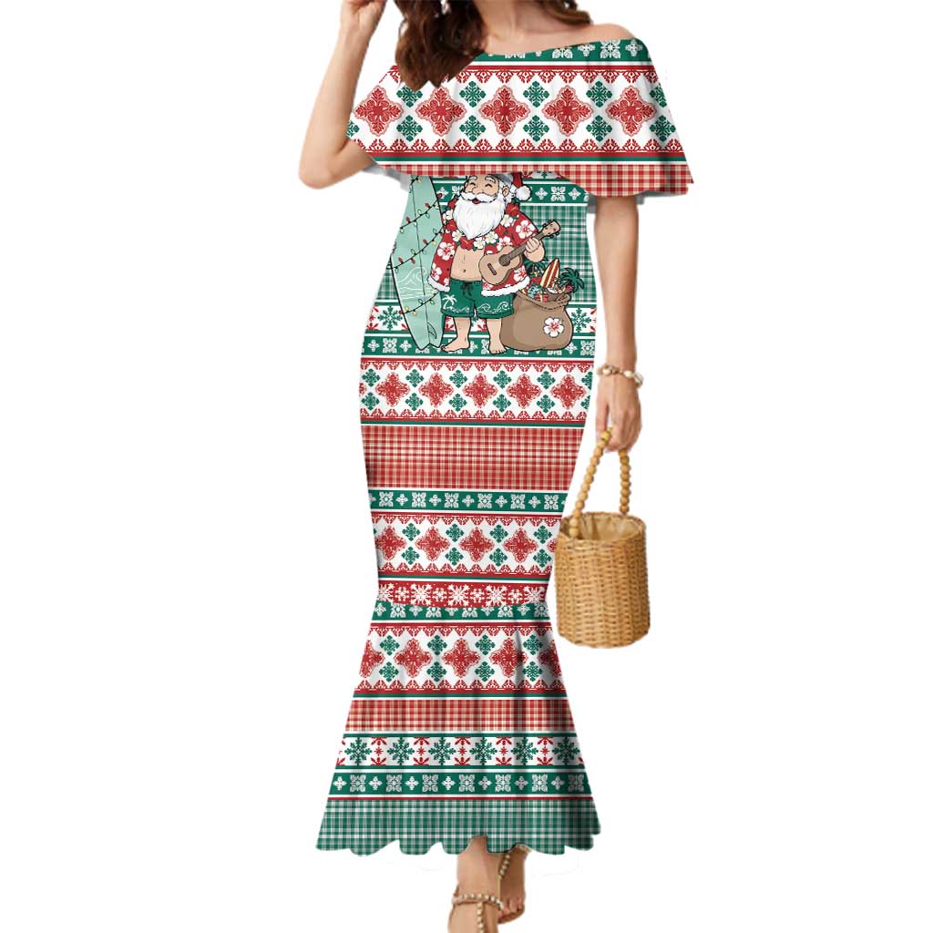 Hawaiian Funny Santa Surf Family Matching Mermaid Dress and Hawaiian Shirt Mele Kalikimaka Palaka Quilt Pattern LT9 Green - Polynesian Pride