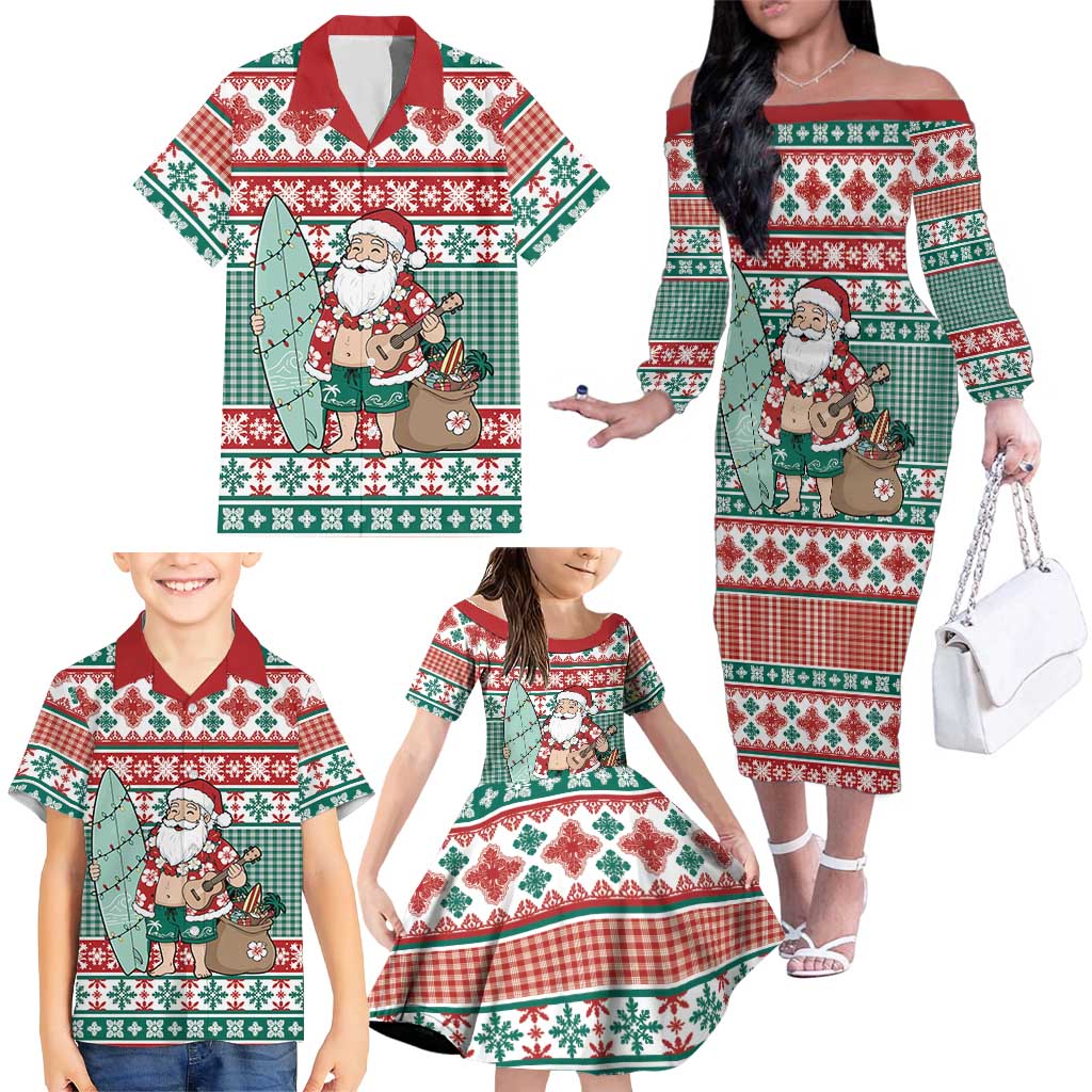 Hawaiian Funny Santa Surf Family Matching Off The Shoulder Long Sleeve Dress and Hawaiian Shirt Mele Kalikimaka Palaka Quilt Pattern - Polynesian Pride