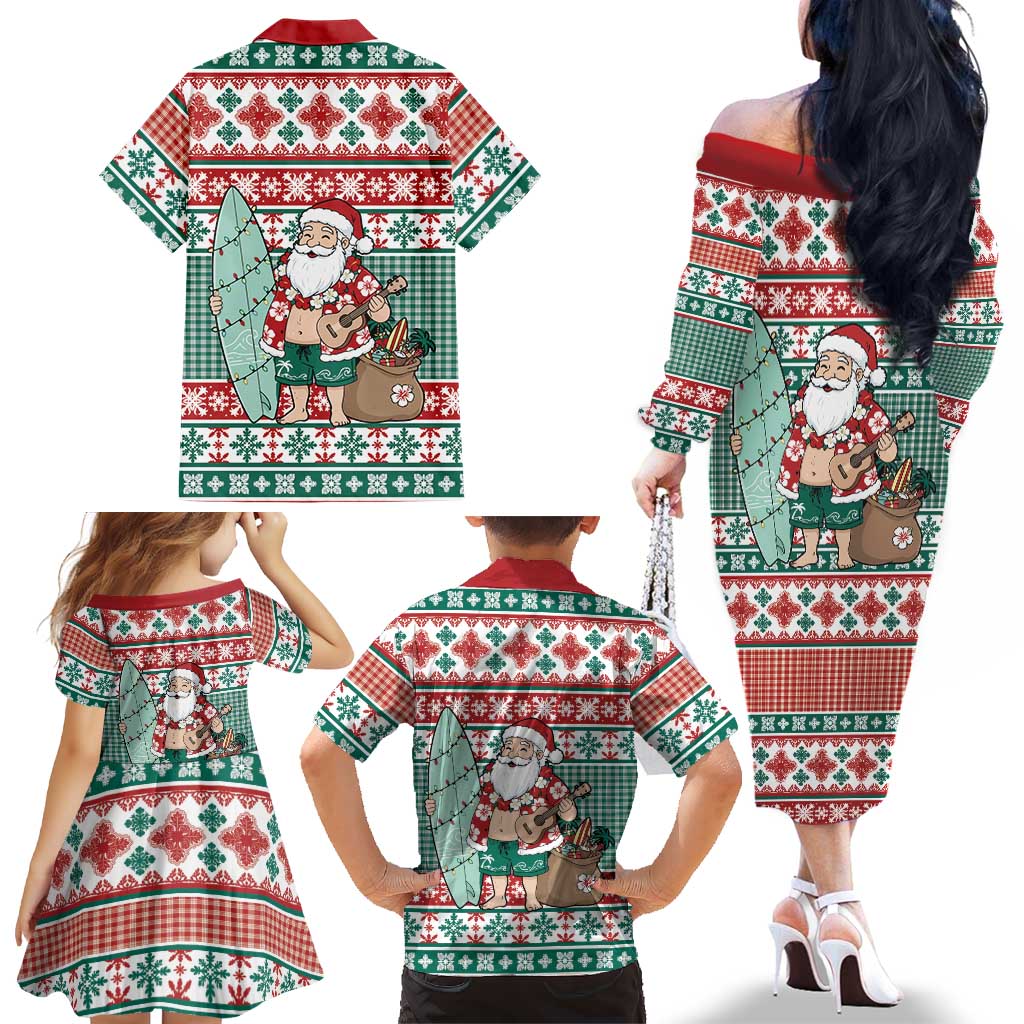 Hawaiian Funny Santa Surf Family Matching Off The Shoulder Long Sleeve Dress and Hawaiian Shirt Mele Kalikimaka Palaka Quilt Pattern LT9 - Polynesian Pride