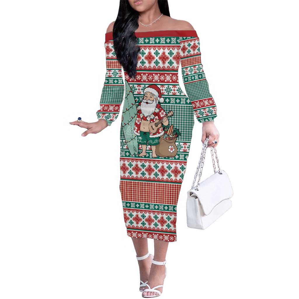 Hawaiian Funny Santa Surf Family Matching Off The Shoulder Long Sleeve Dress and Hawaiian Shirt Mele Kalikimaka Palaka Quilt Pattern LT9 Green - Polynesian Pride