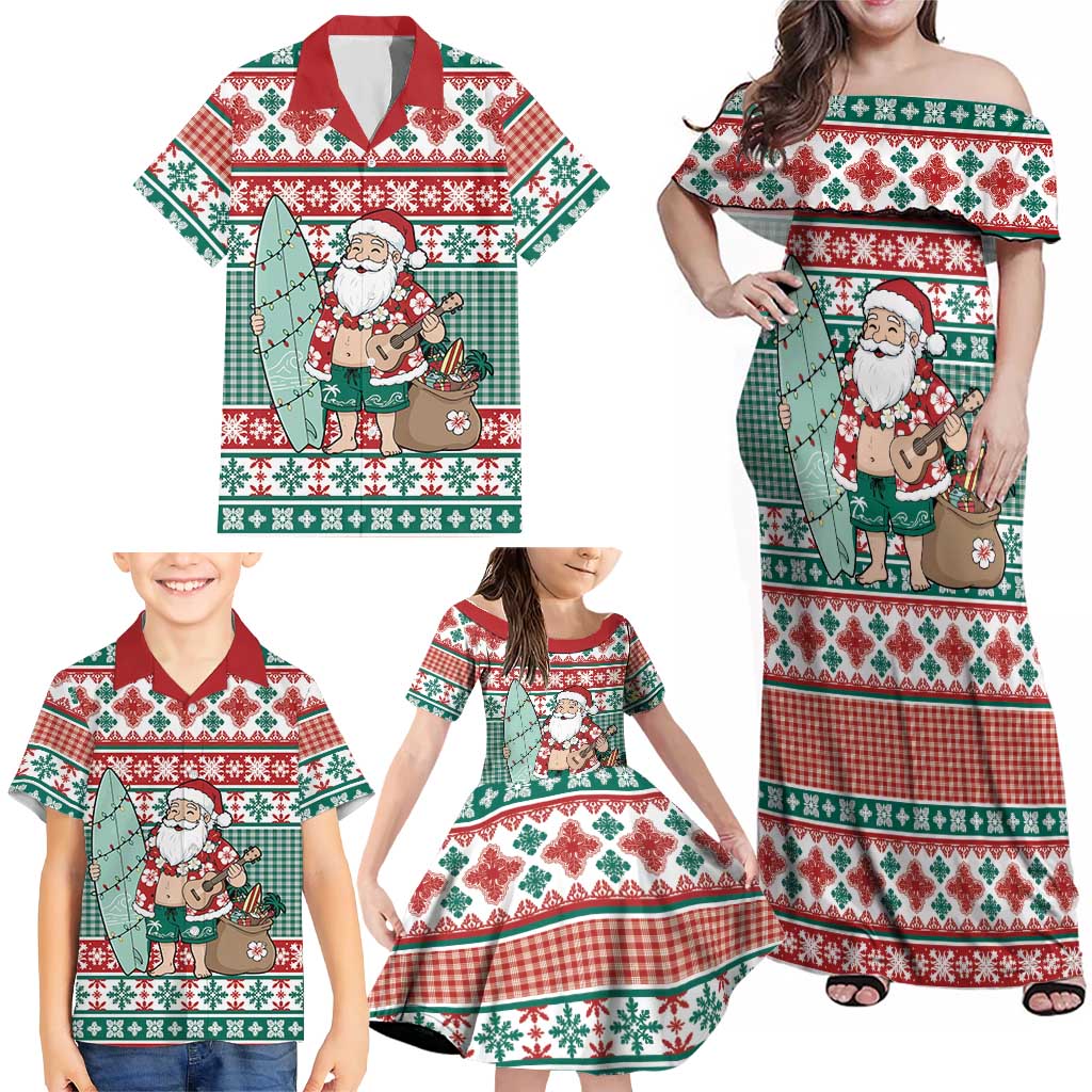 Hawaiian Funny Santa Surf Family Matching Off Shoulder Maxi Dress and Hawaiian Shirt Mele Kalikimaka Palaka Quilt Pattern - Polynesian Pride