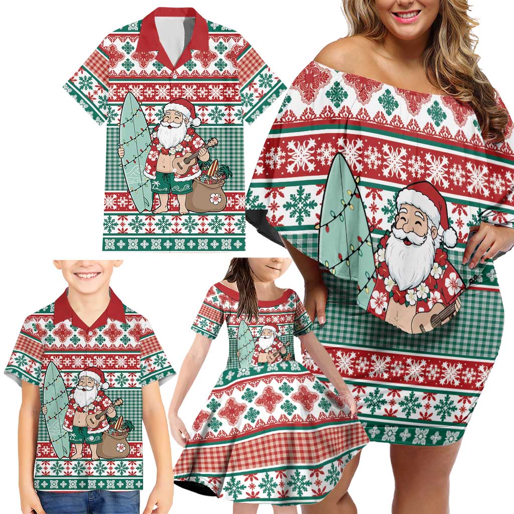 Hawaiian Funny Santa Surf Family Matching Off Shoulder Short Dress and Hawaiian Shirt Mele Kalikimaka Palaka Quilt Pattern LT9 - Polynesian Pride