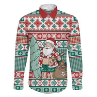 Hawaiian Funny Santa Surf Family Matching Off Shoulder Short Dress and Hawaiian Shirt Mele Kalikimaka Palaka Quilt Pattern LT9 Dad's Shirt - Long Sleeve Green - Polynesian Pride