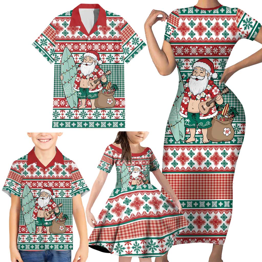 Hawaiian Funny Santa Surf Family Matching Short Sleeve Bodycon Dress and Hawaiian Shirt Mele Kalikimaka Palaka Quilt Pattern LT9 - Polynesian Pride