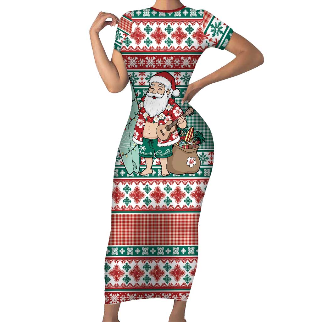 Hawaiian Funny Santa Surf Family Matching Short Sleeve Bodycon Dress and Hawaiian Shirt Mele Kalikimaka Palaka Quilt Pattern LT9 Green - Polynesian Pride