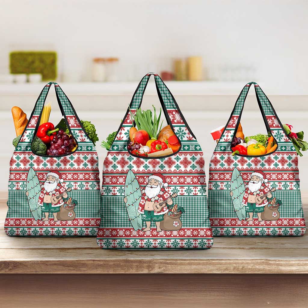 Hawaiian Funny Santa Surf Grocery Bag Mele Kalikimaka Palaka Quilt Pattern - Polynesian Pride