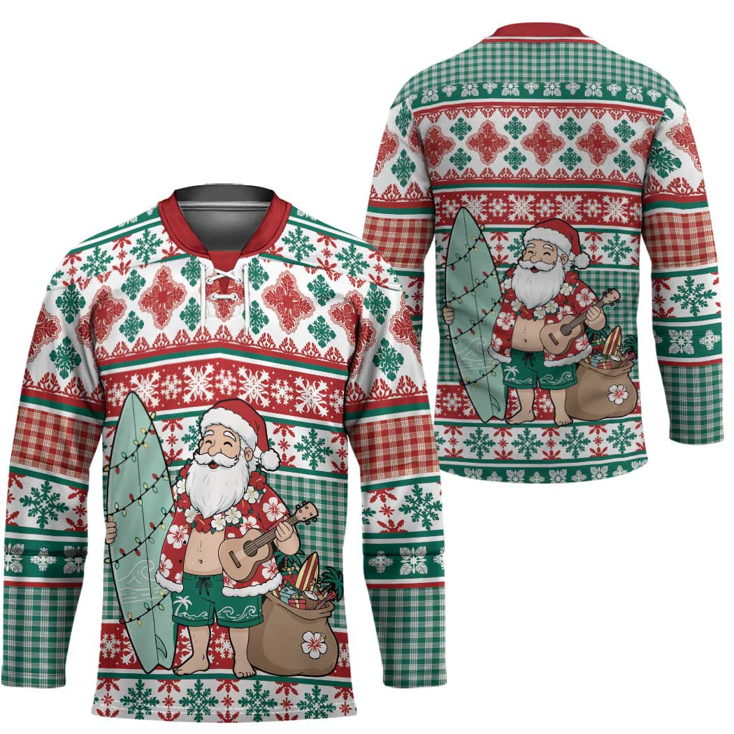 Hawaiian Funny Santa Surf Hockey Jersey Mele Kalikimaka Palaka Quilt Pattern - Polynesian Pride