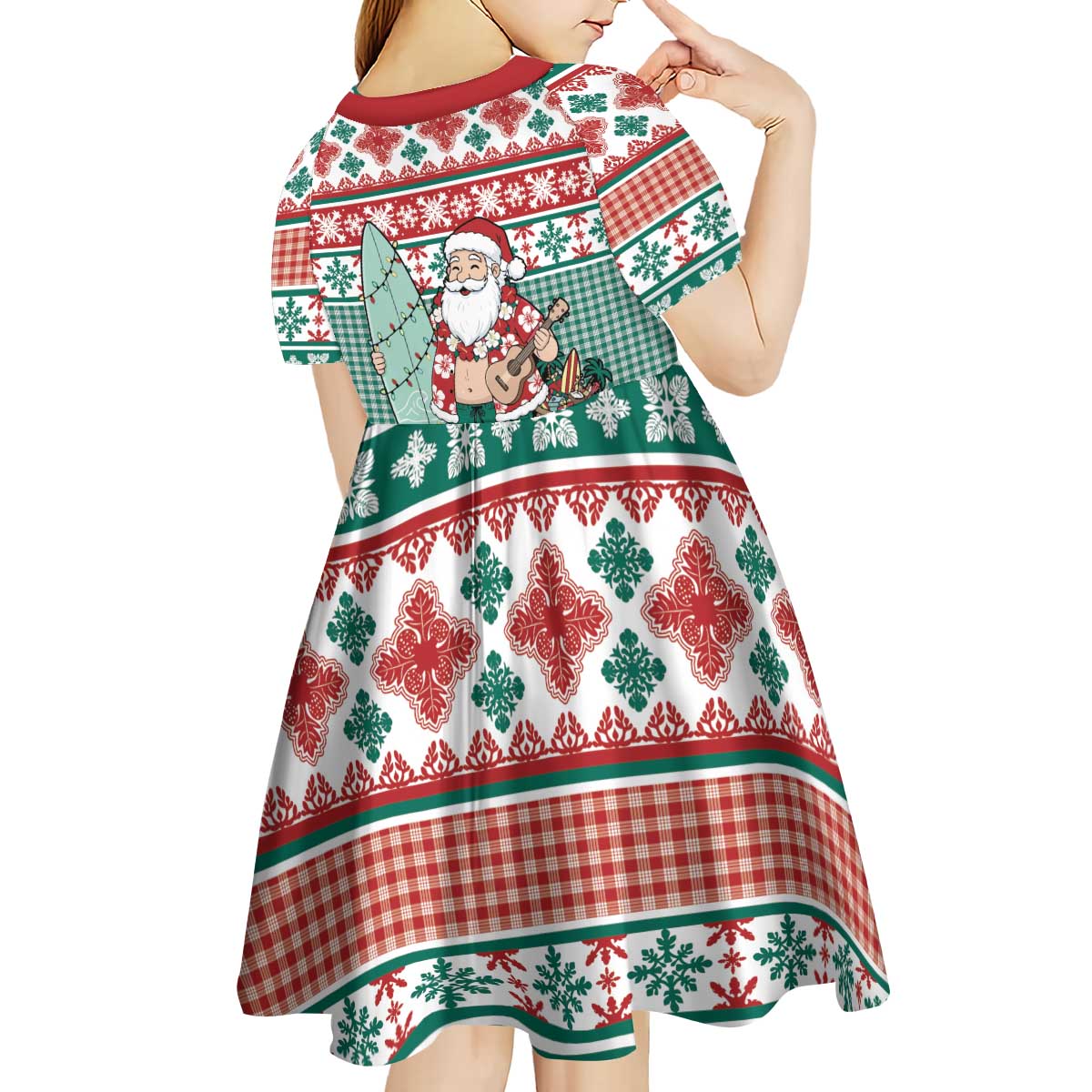 Hawaiian Funny Santa Surf Kid Short Sleeve Dress Mele Kalikimaka Palaka Quilt Pattern - Polynesian Pride