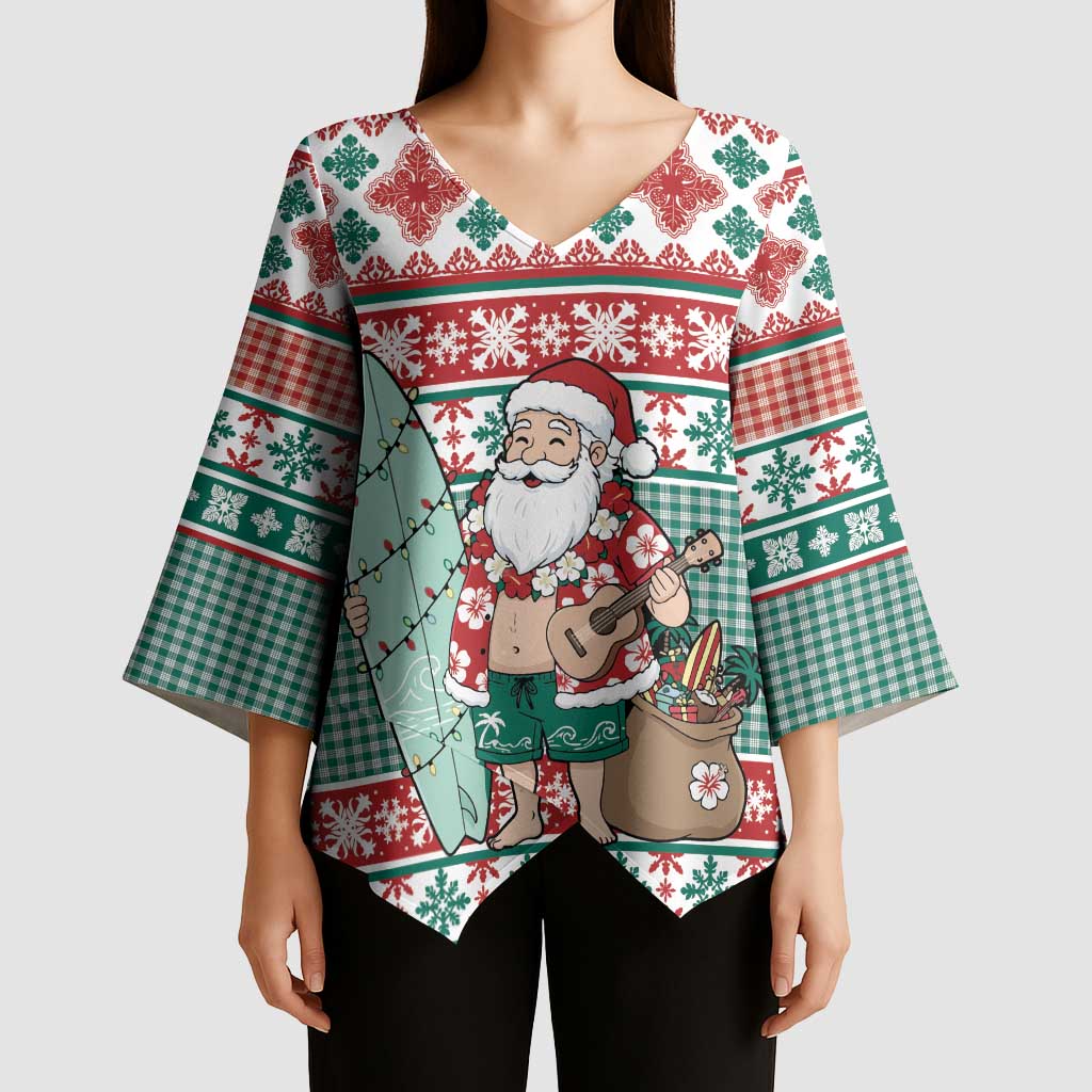 Hawaiian Funny Santa Surf Kimono Sleeve Blouse Mele Kalikimaka Palaka Quilt Pattern LT9 - Polynesian Pride