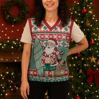 Hawaiian Funny Santa Surf Christmas Knitted V-Neck Vest Mele Kalikimaka Palaka Quilt Pattern - Polynesian Pride