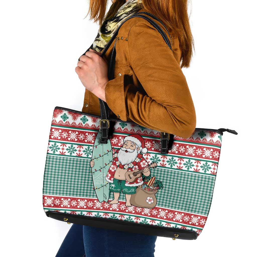 Hawaiian Funny Santa Surf Leather Tote Bag Mele Kalikimaka Palaka Quilt Pattern - Polynesian Pride