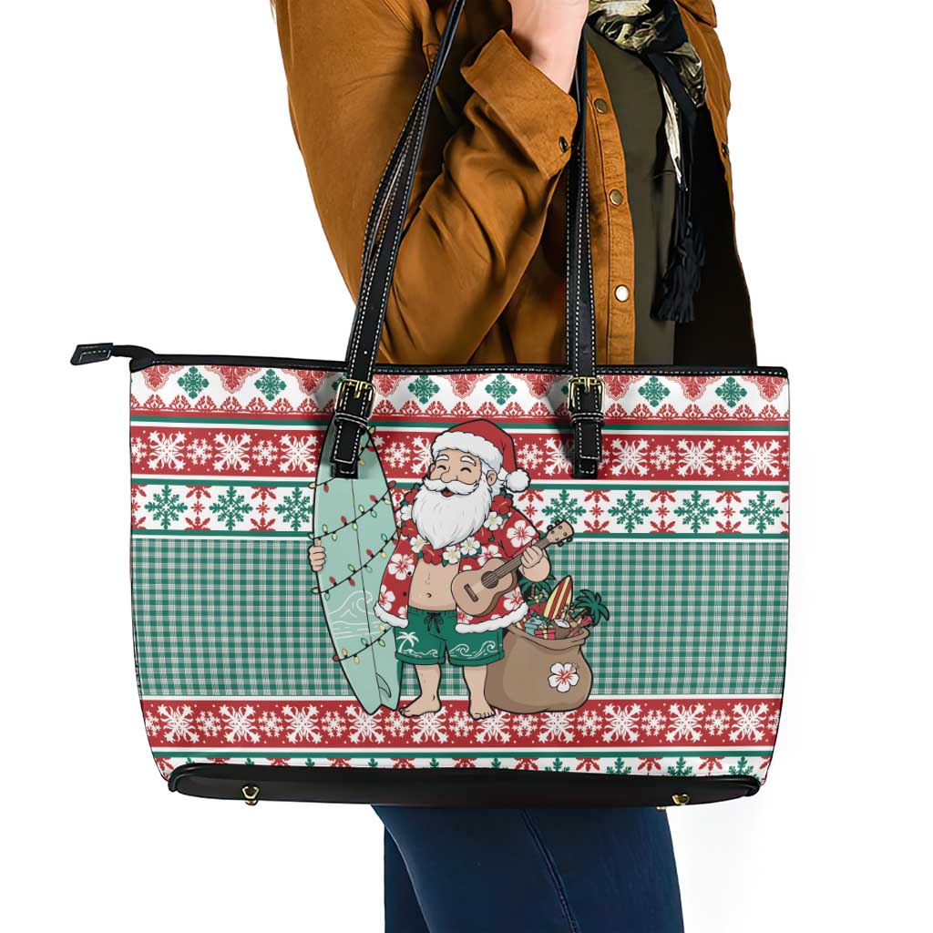 Hawaiian Funny Santa Surf Leather Tote Bag Mele Kalikimaka Palaka Quilt Pattern - Polynesian Pride