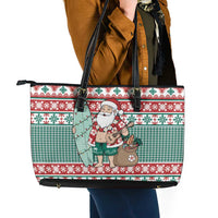 Hawaiian Funny Santa Surf Leather Tote Bag Mele Kalikimaka Palaka Quilt Pattern - Polynesian Pride