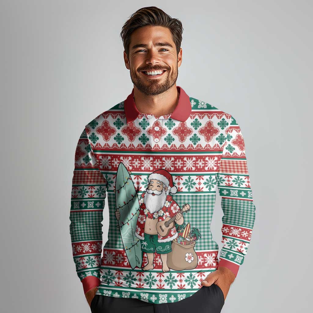 Hawaiian Funny Santa Surf Long Sleeve Polo Shirt Mele Kalikimaka Palaka Quilt Pattern - Polynesian Pride