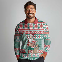 Hawaiian Funny Santa Surf Long Sleeve Polo Shirt Mele Kalikimaka Palaka Quilt Pattern - Polynesian Pride