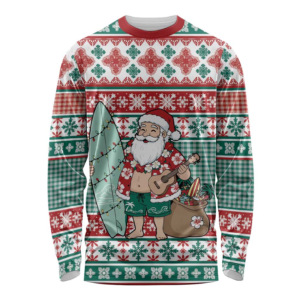 Hawaiian Funny Santa Surf Long Sleeve Shirt Mele Kalikimaka Palaka Quilt Pattern LT9 Unisex Green - Polynesian Pride