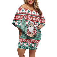 Hawaiian Funny Santa Surf Off Shoulder Short Dress Mele Kalikimaka Palaka Quilt Pattern - Polynesian Pride