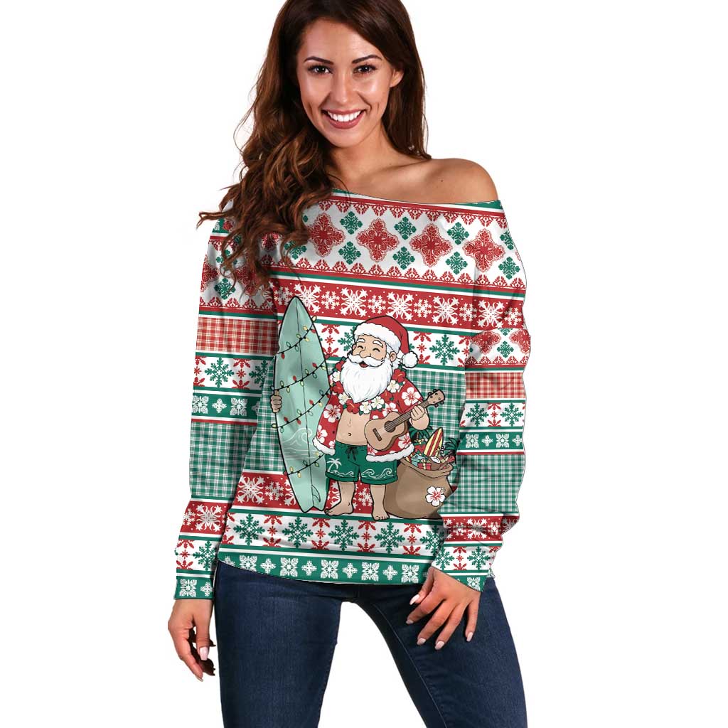 Hawaiian Funny Santa Surf Off Shoulder Sweater Mele Kalikimaka Palaka Quilt Pattern - Polynesian Pride