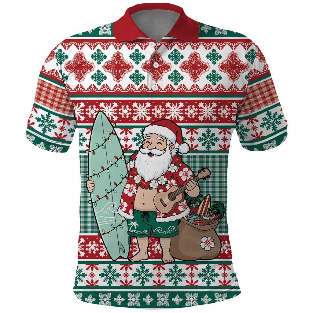 Hawaiian Funny Santa Surf Polo Shirt Mele Kalikimaka Palaka Quilt Pattern - Polynesian Pride
