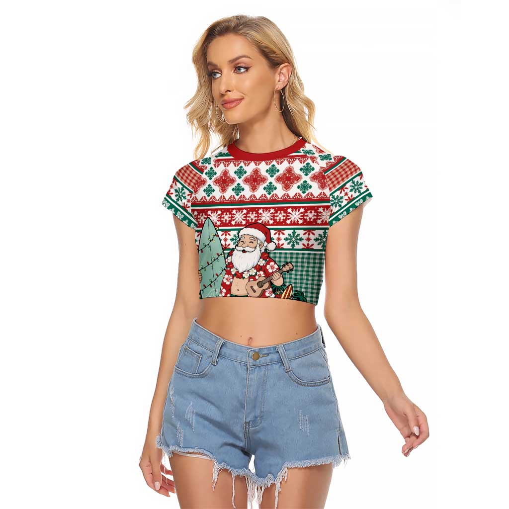 Hawaiian Funny Santa Surf Raglan Cropped T Shirt Mele Kalikimaka Palaka Quilt Pattern - Polynesian Pride