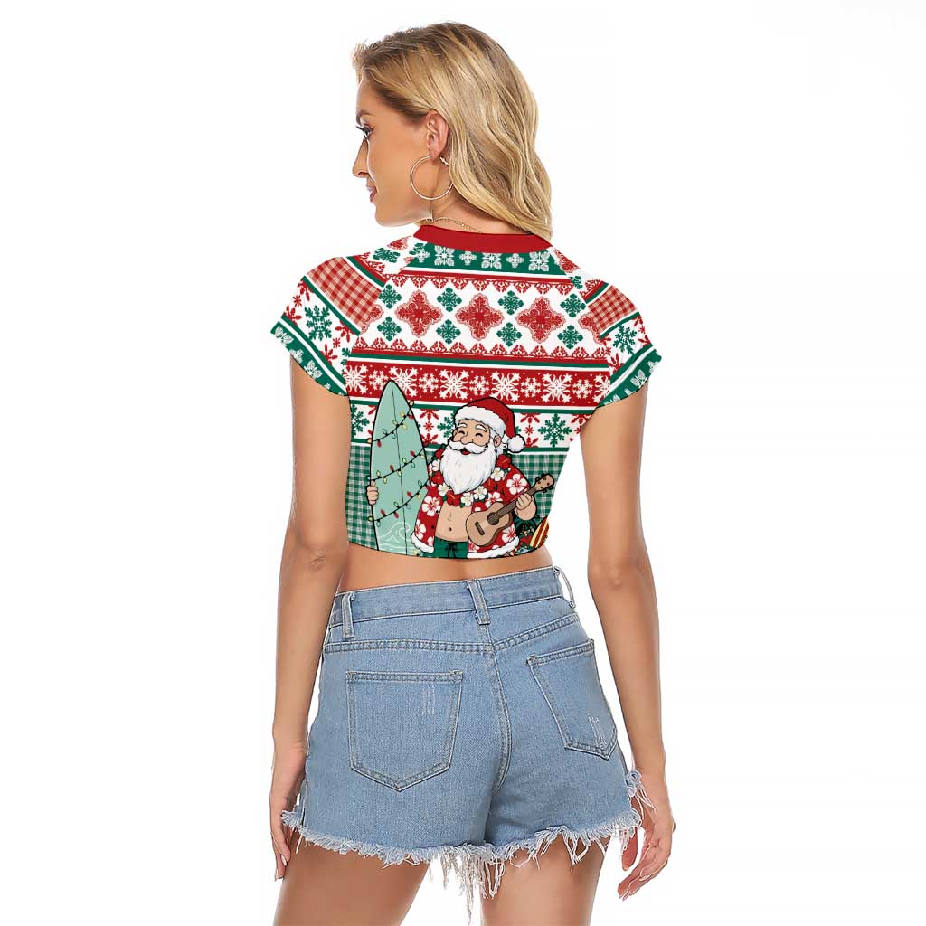 Hawaiian Funny Santa Surf Raglan Cropped T Shirt Mele Kalikimaka Palaka Quilt Pattern - Polynesian Pride