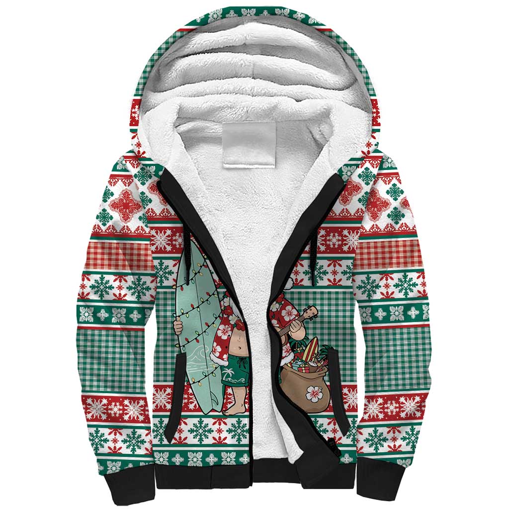 Hawaiian Funny Santa Surf Sherpa Hoodie Mele Kalikimaka Palaka Quilt Pattern - Polynesian Pride