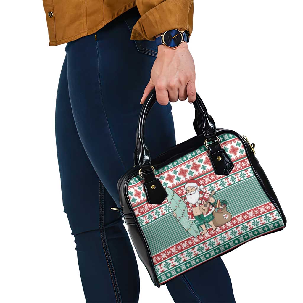 Hawaiian Funny Santa Surf Shoulder Handbag Mele Kalikimaka Palaka Quilt Pattern - Polynesian Pride