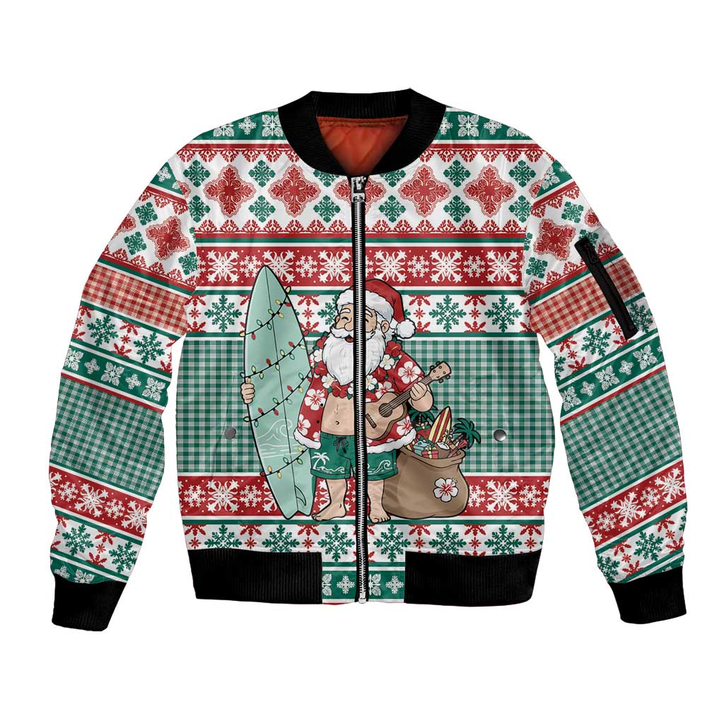 Hawaiian Funny Santa Surf Sleeve Zip Bomber Jacket Mele Kalikimaka Palaka Quilt Pattern - Polynesian Pride