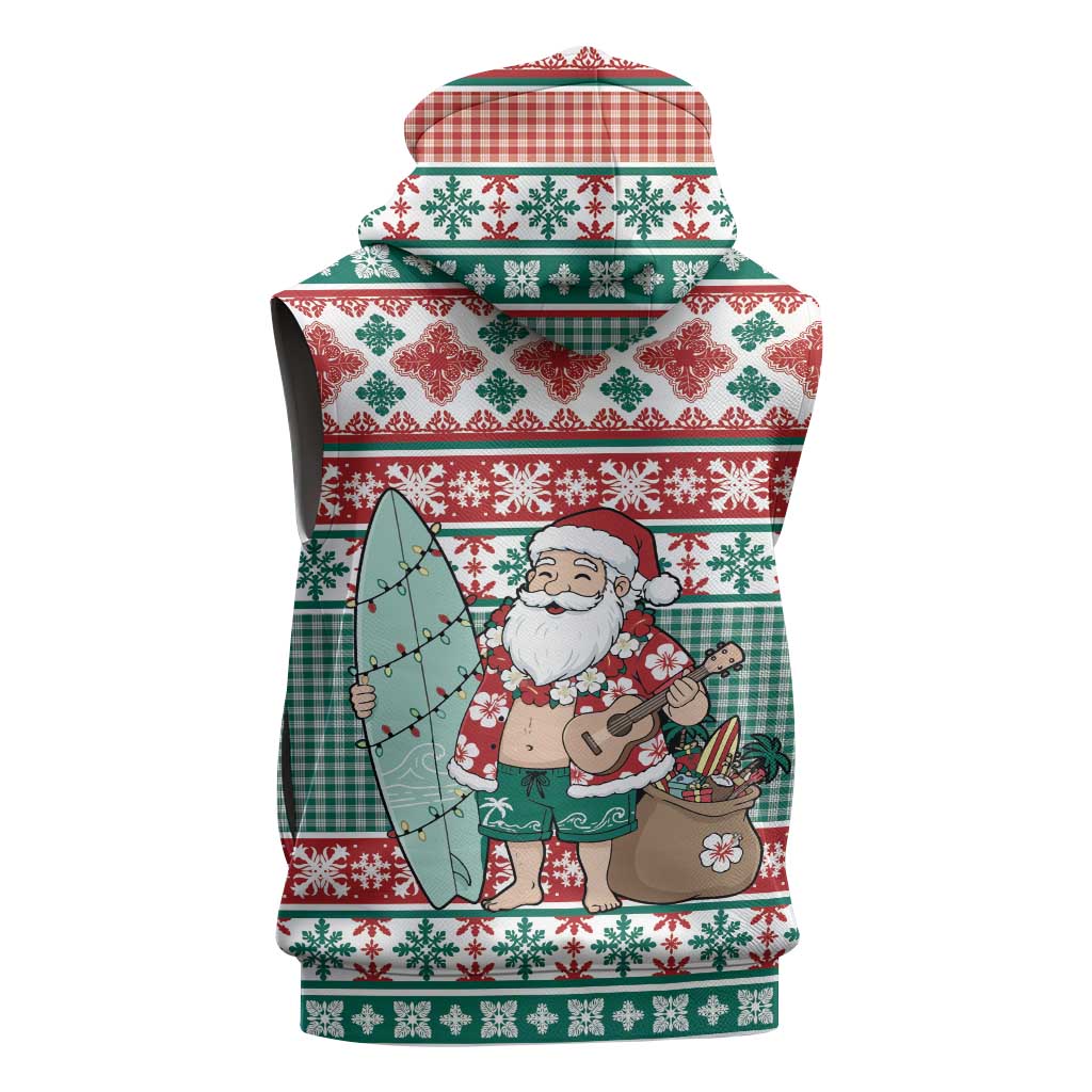 Hawaiian Funny Santa Surf Sleeveless Zip Hoodie Mele Kalikimaka Palaka Quilt Pattern - Polynesian Pride