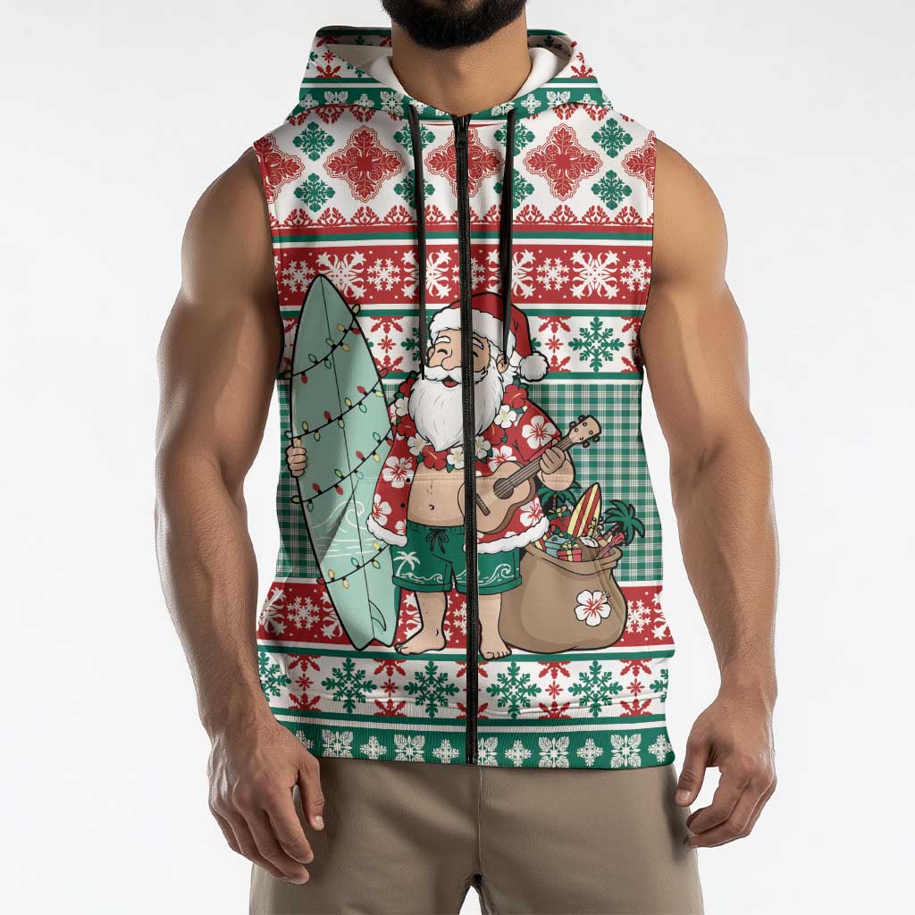 Hawaiian Funny Santa Surf Sleeveless Zip Hoodie Mele Kalikimaka Palaka Quilt Pattern - Polynesian Pride