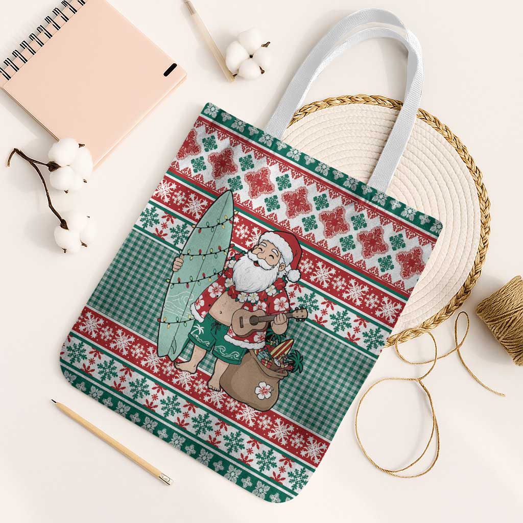 Hawaiian Funny Santa Surf Tote Bag Mele Kalikimaka Palaka Quilt Pattern - Polynesian Pride