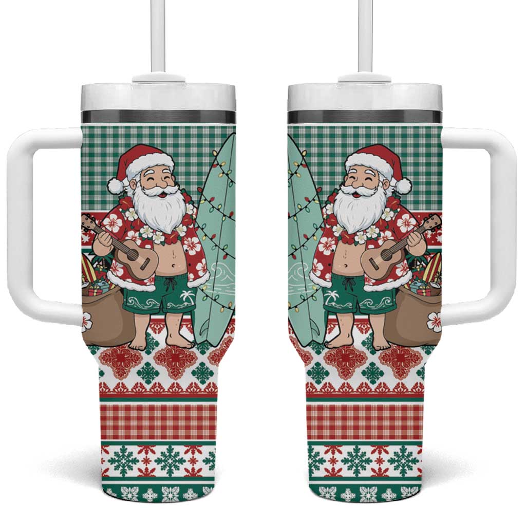 Hawaiian Funny Santa Surf Tumbler With Handle Mele Kalikimaka Palaka Quilt Pattern LT9 One Size: 40 oz Green - Polynesian Pride