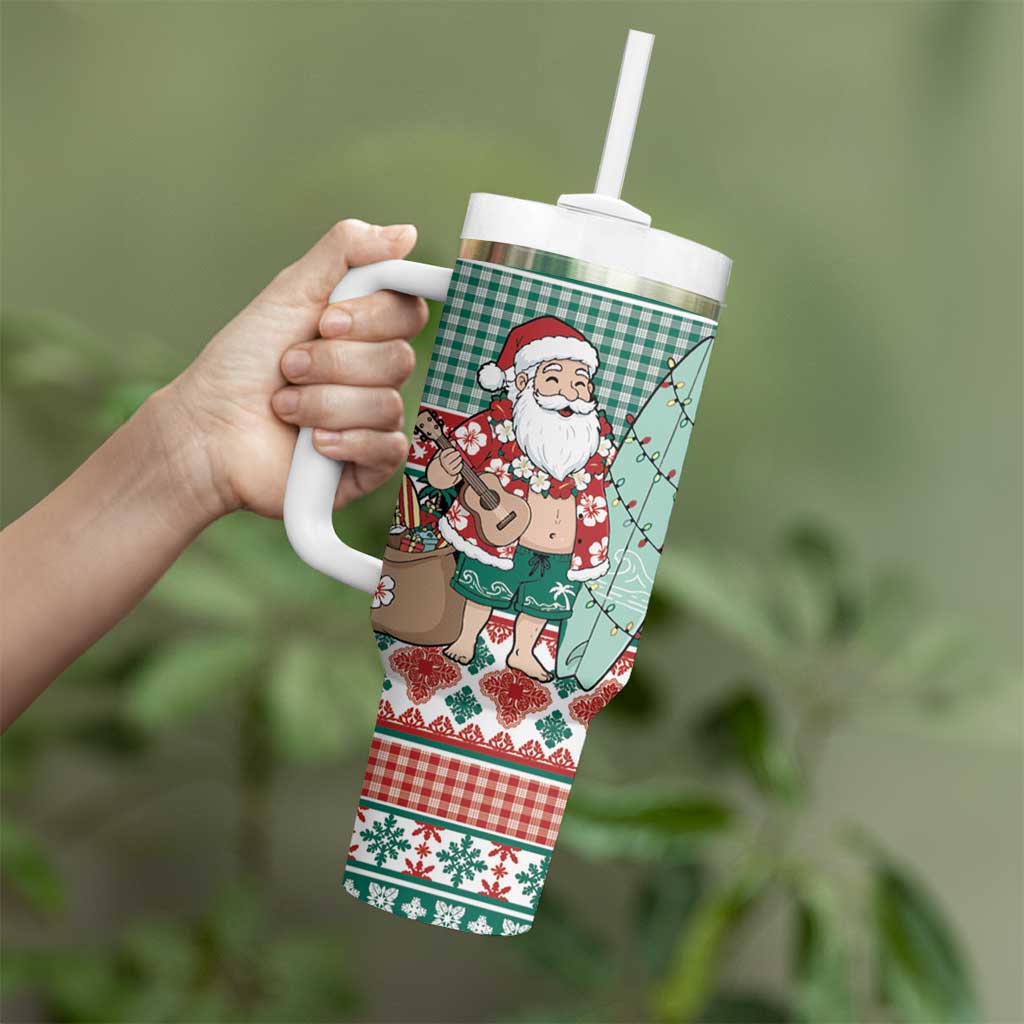 Hawaiian Funny Santa Surf Tumbler With Handle Mele Kalikimaka Palaka Quilt Pattern LT9 - Polynesian Pride