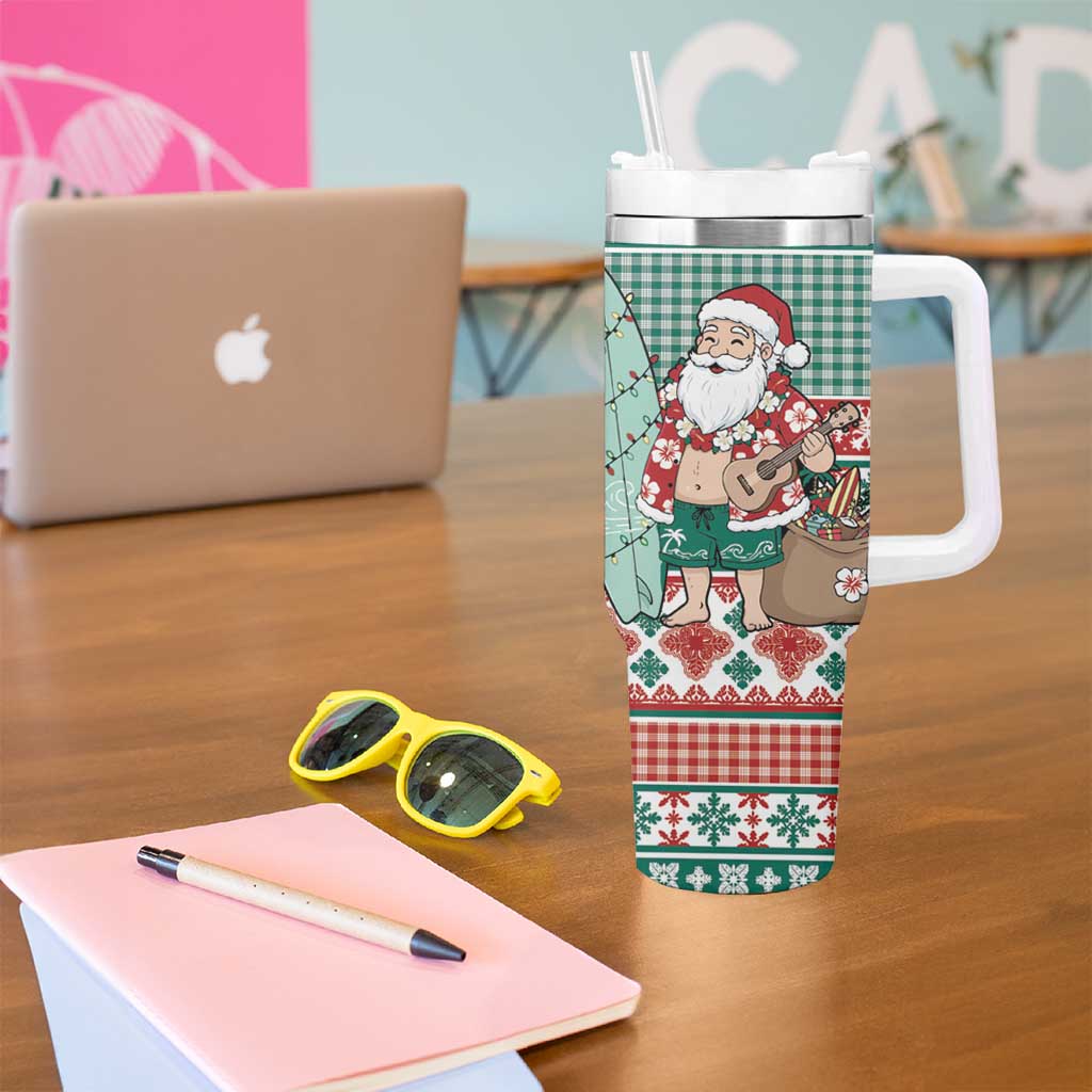 Hawaiian Funny Santa Surf Tumbler With Handle Mele Kalikimaka Palaka Quilt Pattern LT9 - Polynesian Pride