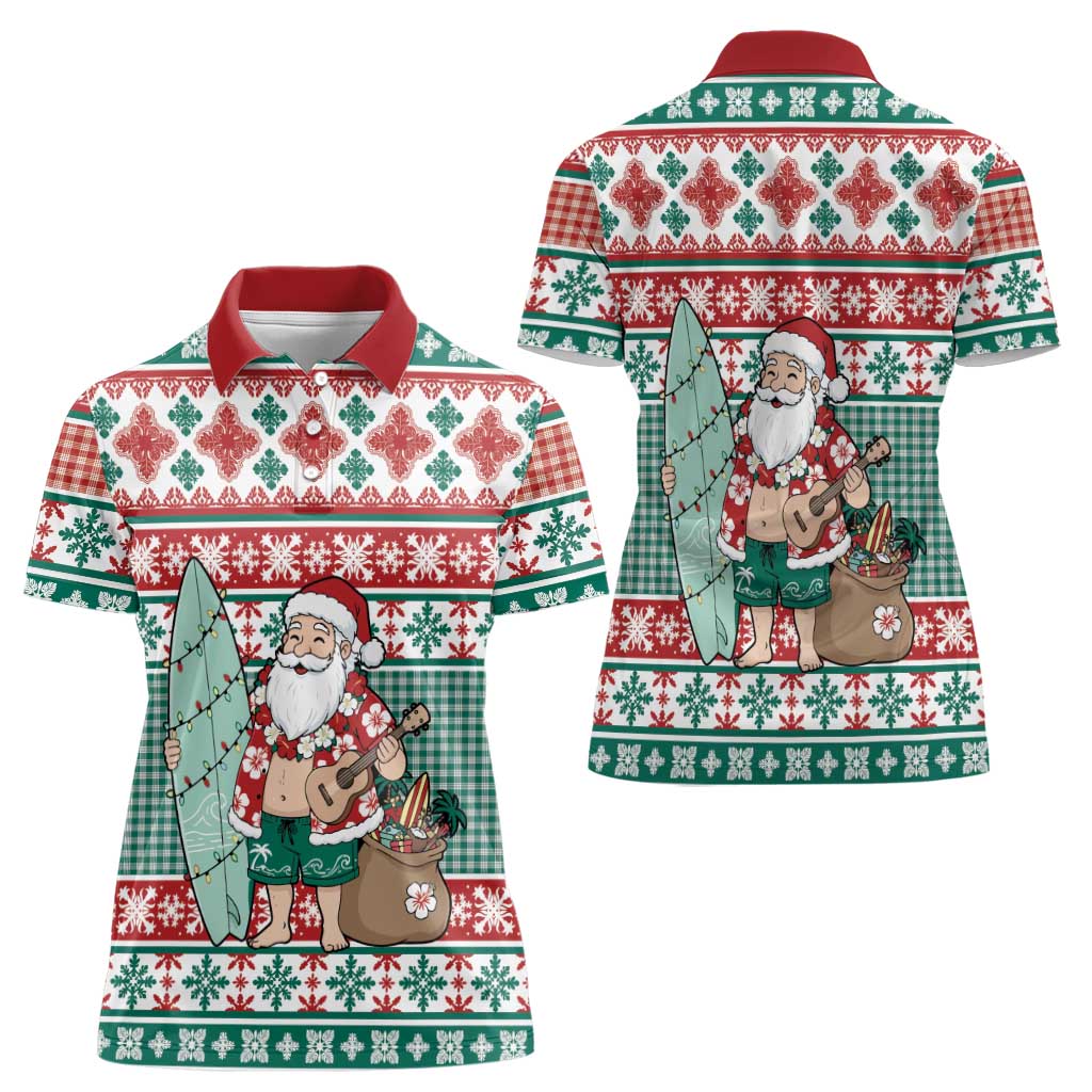 Hawaiian Funny Santa Surf Women Polo Shirt Mele Kalikimaka Palaka Quilt Pattern - Polynesian Pride