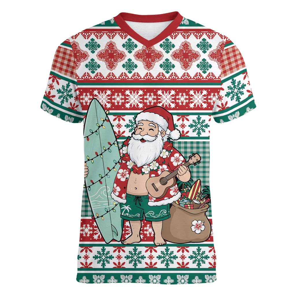 Hawaiian Funny Santa Surf Women V-Neck T-Shirt Mele Kalikimaka Palaka Quilt Pattern - Polynesian Pride