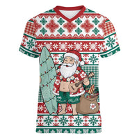 Hawaiian Funny Santa Surf Women V-Neck T-Shirt Mele Kalikimaka Palaka Quilt Pattern - Polynesian Pride